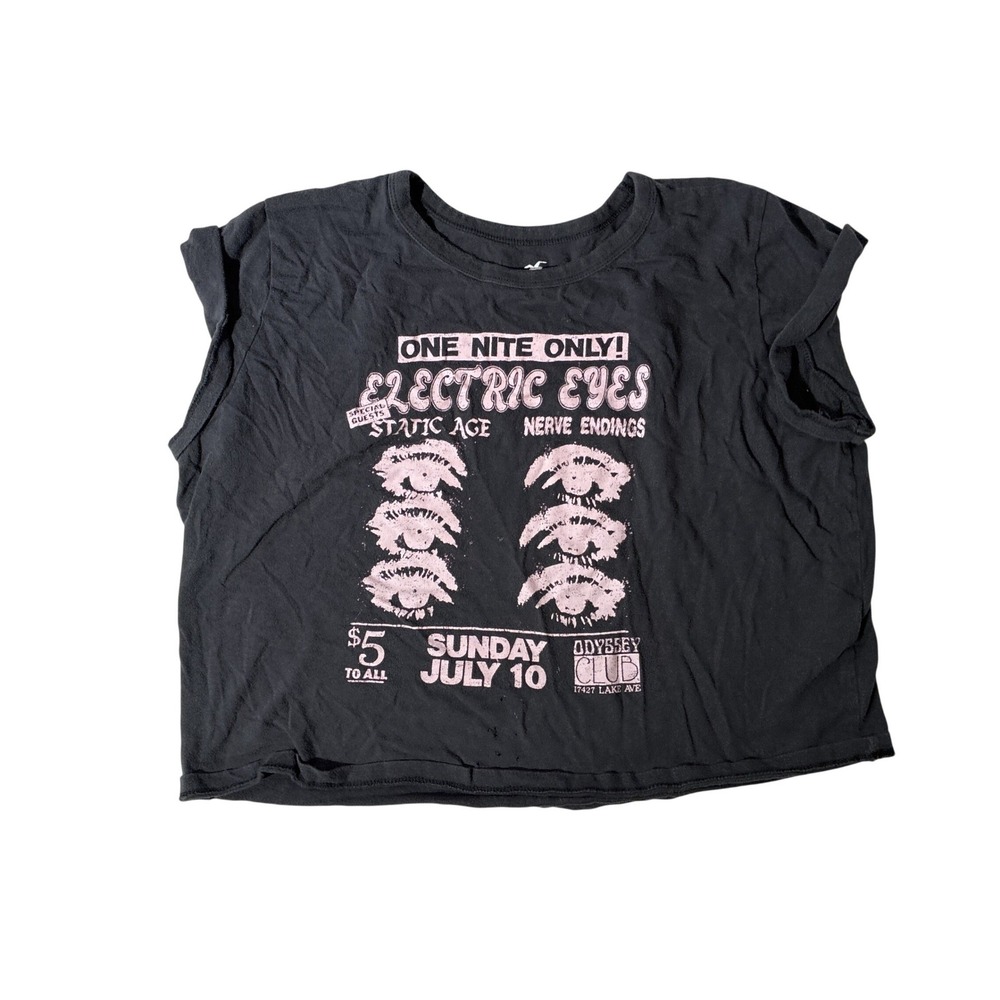 Hollister Electric Eyes Graphic Muscle Tee Womens Black Pink XL Cropped Raw Hem